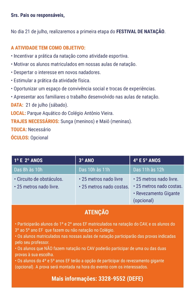 Festival de Natação acontece no dia 21 de julho