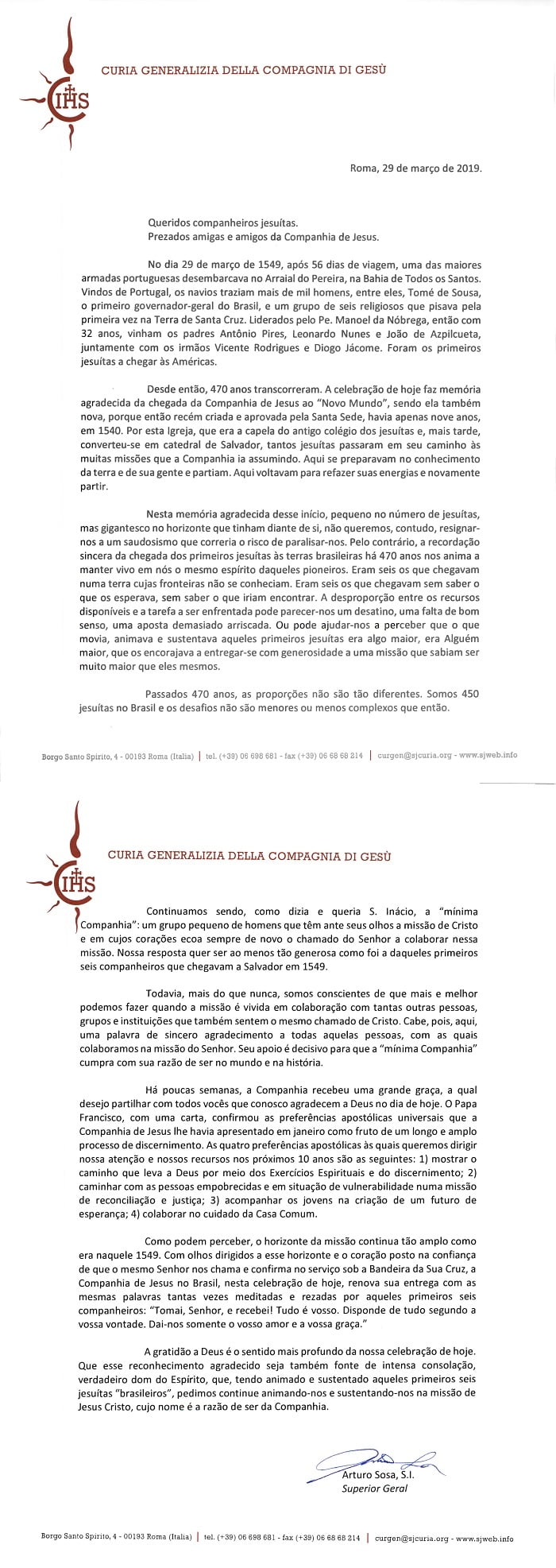 Carta do Pe. Arturo Sosa destaca 470 anos da Companhia de Jesus no Brasil
