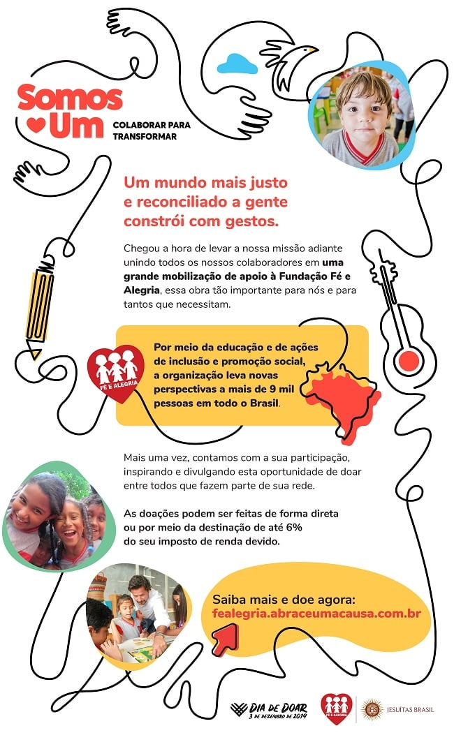 Campanha “Somos Um” possibilita destinação de imposto de renda para Fundação Fé e Alegria